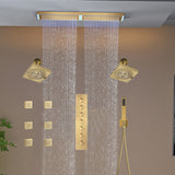 Flush Mount 32 x 8 inch Rainfall 64 LED Light Shower Head with 6-Way Thermostatic Faucet and High-Pressure Dual Regular Heads,6 body jets
