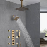 Brushed Gold 16-Inch Rainfall Ceiling Mount Shower Head with 4-Way Thermostatic Faucet, Body Jets, and High-Pressure Wall Mount Head
