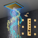 12-Inch Brushed Gold Flush Mount Shower Faucet Set: 4-Way Thermostatic Control, 64-Color LED Lights, Bluetooth Music, and Regular Head and body jets
