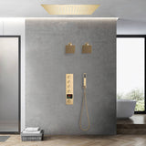 Brushed Gold 4-Way Digital Thermostatic Shower Faucet with Dual Regular Heads and Integrated 20-Inch Rainfall LED Light & Bluetooth Music Shower Head