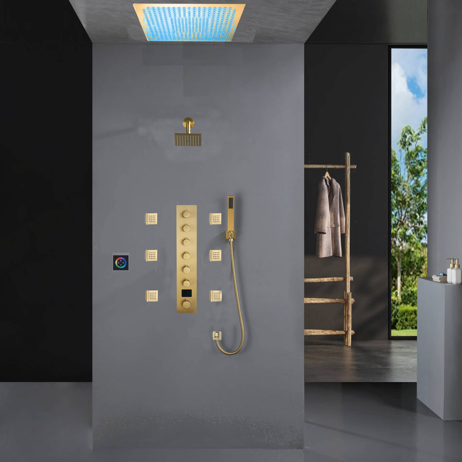 Flush Mount Shower Faucet Set with 6-Way Digital Thermostatic Control, 64-Color LED Lights