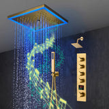 12-Inch Brushed Gold Flush Mount Shower Faucet Set: 4-Way Thermostatic Control, 64-Color LED Lights, Bluetooth Music, and Regular Head