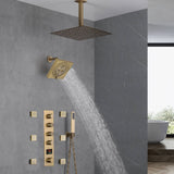 Brushed Gold 16-Inch Rainfall Ceiling Mount Shower Head with 4-Way Thermostatic Faucet, Body Jets, and High-Pressure Wall Mount Head