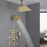 Brushed Gold 16-Inch Rainfall Ceiling Mount Shower Head with 4-Way Thermostatic Faucet, Body Jets, and High-Pressure Wall Mount Head