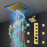 12-Inch Brushed Gold Flush Mount Shower Faucet Set: 4-Way Thermostatic Control, 64-Color LED Lights, Bluetooth Music, and Regular Head and body jets