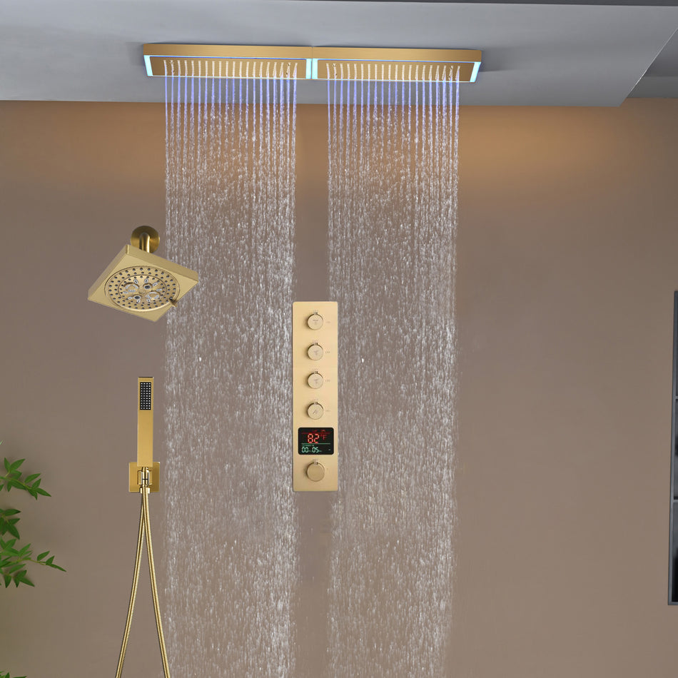 Flush Mount 32 x 8 inch Rainfall 64 LED Light Shower Head with 4-Way Thermostatic Faucet and High-Pressure Regular Heads