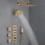 Brushed Gold 12-Inch or 16-Inch Rainfall Wall Mount Shower Head with 4-Way Thermostatic Faucet, Body Jets, and High-Pressure Wall Mount Head