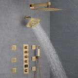 Brushed Gold 12-Inch or 16-Inch Rainfall Wall Mount Shower Head with 4-Way Thermostatic Faucet, Body Jets, and High-Pressure Wall Mount Head