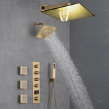 Brushed Gold 12-Inch or 16-Inch Rainfall Wall Mount Shower Head with 4-Way Thermostatic Faucet, Body Jets, and High-Pressure Wall Mount Head