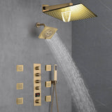 Brushed Gold 12-Inch or 16-Inch Rainfall Wall Mount Shower Head with 4-Way Thermostatic Faucet, Body Jets, and High-Pressure Wall Mount Head