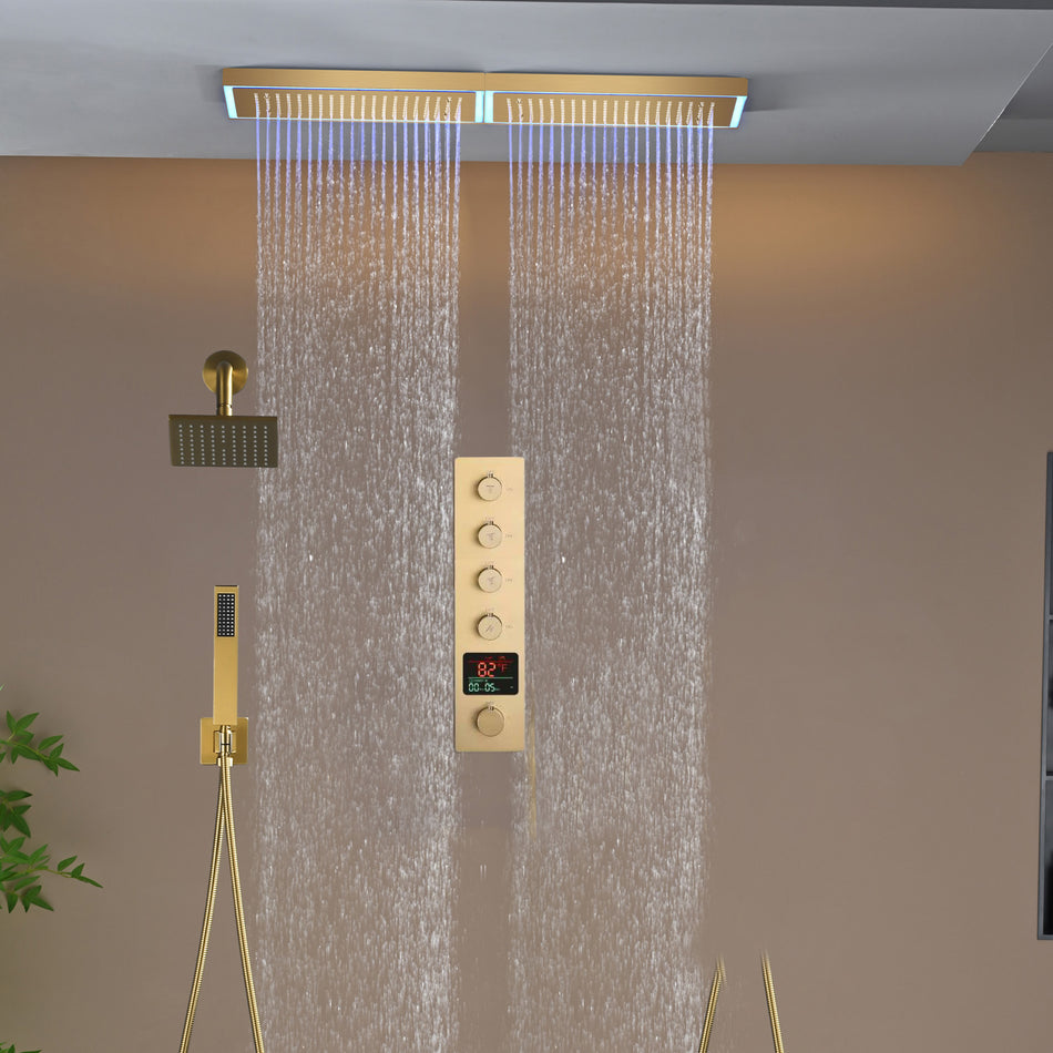 Flush Mount 32 x 8 inch Rainfall 64 LED Light Shower Head with 4-Way Thermostatic Faucet and High-Pressure Regular Heads