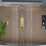 Flush Mount 48 x 8 inch Rainfall Waterfall 64 LED Light Shower Head with 5-Way Thermostatic Faucet and High-Pressure Wall Mount Regular Shower Head