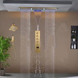 Flush Mount 48 x 8 inch Rainfall Waterfall 64 LED Light Shower Head with 5-Way Thermostatic Faucet and High-Pressure Wall Mount Regular Shower Head