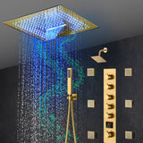 16-Inch Brushed Gold or brushed nickel or matte black Flush Mount rainfall waterfall Shower Faucet Set: 5-Way Thermostatic Control, 64-Color LED Lights, Bluetooth Music, and Regular Head, 6 Body jets