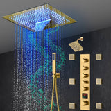 16-Inch Brushed Gold or brushed nickel or matte black Flush Mount rainfall waterfall Shower Faucet Set: 5-Way Thermostatic Control, 64-Color LED Lights, Bluetooth Music, and Regular Head, 6 Body jets