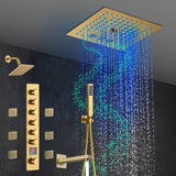 Brushed Gold 6-Way Thermostatic Shower Faucet: Flush Mount 12-Inch LED Light Shower Head with 64 Colors and Bluetooth Music,Tub Spout, 6 Jets