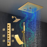 Brushed Gold 6-Way Thermostatic Shower Faucet: Flush Mount 12-Inch LED Light Shower Head with 64 Colors and Bluetooth Music,Tub Spout, 6 Jets
