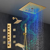 Brushed Gold 6-Way Thermostatic Shower Faucet: Flush Mount 12-Inch LED Light Shower Head with 64 Colors and Bluetooth Music,Tub Spout, 6 Jets