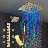 Brushed Gold 6-Way Thermostatic Shower Faucet: Flush Mount 12-Inch LED Light Shower Head with 64 Colors and Bluetooth Music,Tub Spout, 6 Jets