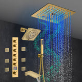Brushed Gold 6-Way Thermostatic Shower Faucet: Flush Mount 12-Inch LED Light Shower Head with 64 Colors and Bluetooth Music,Tub Spout, 6 Jets