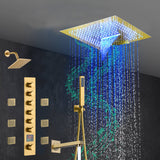 Brushed Gold 6-Way Thermostatic Shower Faucet: Flush Mount 16-Inch LED Light Shower Head with 64 Colors and Bluetooth Music,Tub Spout, 6 Jets
