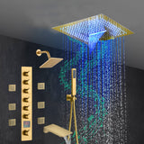 Brushed Gold 6-Way Thermostatic Shower Faucet: Flush Mount 16-Inch LED Light Shower Head with 64 Colors and Bluetooth Music,Tub Spout, 6 Jets