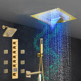 Brushed Gold 6-Way Thermostatic Shower Faucet: Flush Mount 16-Inch LED Light Shower Head with 64 Colors and Bluetooth Music,Tub Spout, 6 Jets