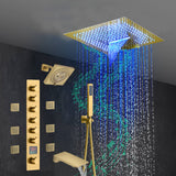 Brushed Gold 6-Way Thermostatic Shower Faucet: Flush Mount 16-Inch LED Light Shower Head with 64 Colors and Bluetooth Music,Tub Spout, 6 Jets