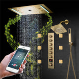 64 LED colors music led flushed in 24x12 inch 3 functions shower head 6 way thermostatic shower faucet with 6'' regular head and 6 body jets