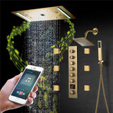 64 LED colors music led flushed in 24x12 inch 3 functions shower head 6 way thermostatic shower faucet with 6'' regular head and 6 body jets
