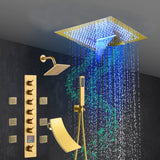 Brushed Gold 6-Way Thermostatic Shower Faucet: Flush Mount 16-Inch LED Light Shower Head with 64 Colors and Bluetooth Music,Tub Spout, 6 Jets