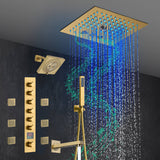 Brushed Gold 6-Way Thermostatic Shower Faucet: Flush Mount 12-Inch LED Light Shower Head with 64 Colors and Bluetooth Music,Tub Spout, 6 Jets