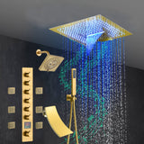 Brushed Gold 6-Way Thermostatic Shower Faucet: Flush Mount 16-Inch LED Light Shower Head with 64 Colors and Bluetooth Music,Tub Spout, 6 Jets