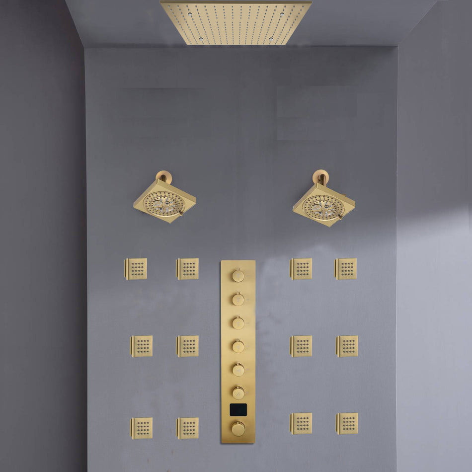 Ceiling mount 20 inch Rainfall Mist shower head 6 way Digital display thermostatic Shower Faucet with Dual Regular Heads and body jets