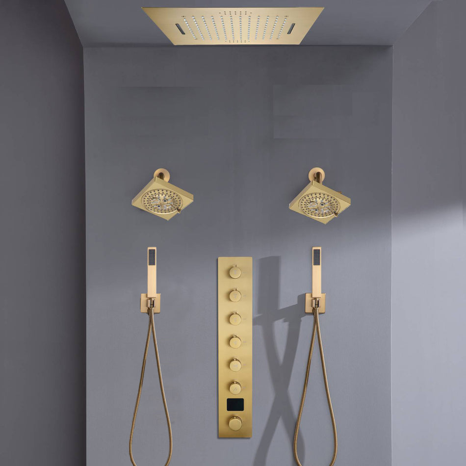 Flush mount 20 inch Rainfall Waterfall shower head 6 way Digital display thermostatic Shower Faucet with Dual Regular Heads