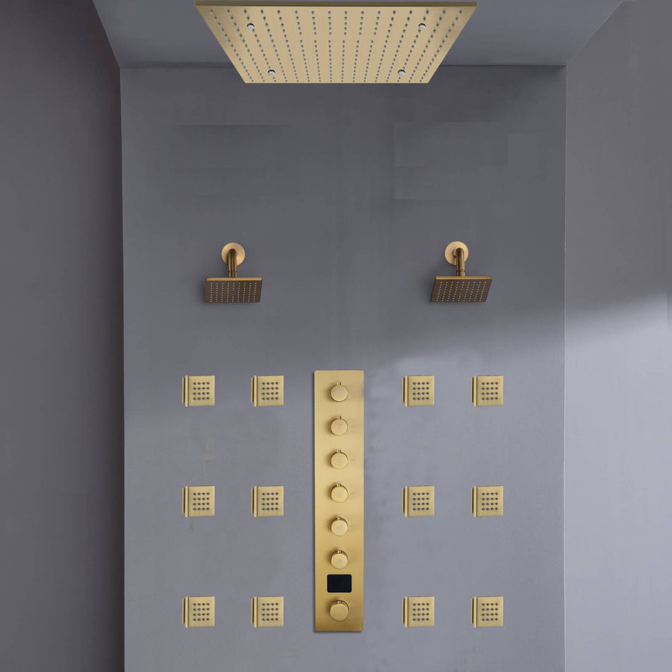 Ceiling mount 20 inch Rainfall Mist shower head 6 way Digital display thermostatic Shower Faucet with Dual Regular Heads and body jets