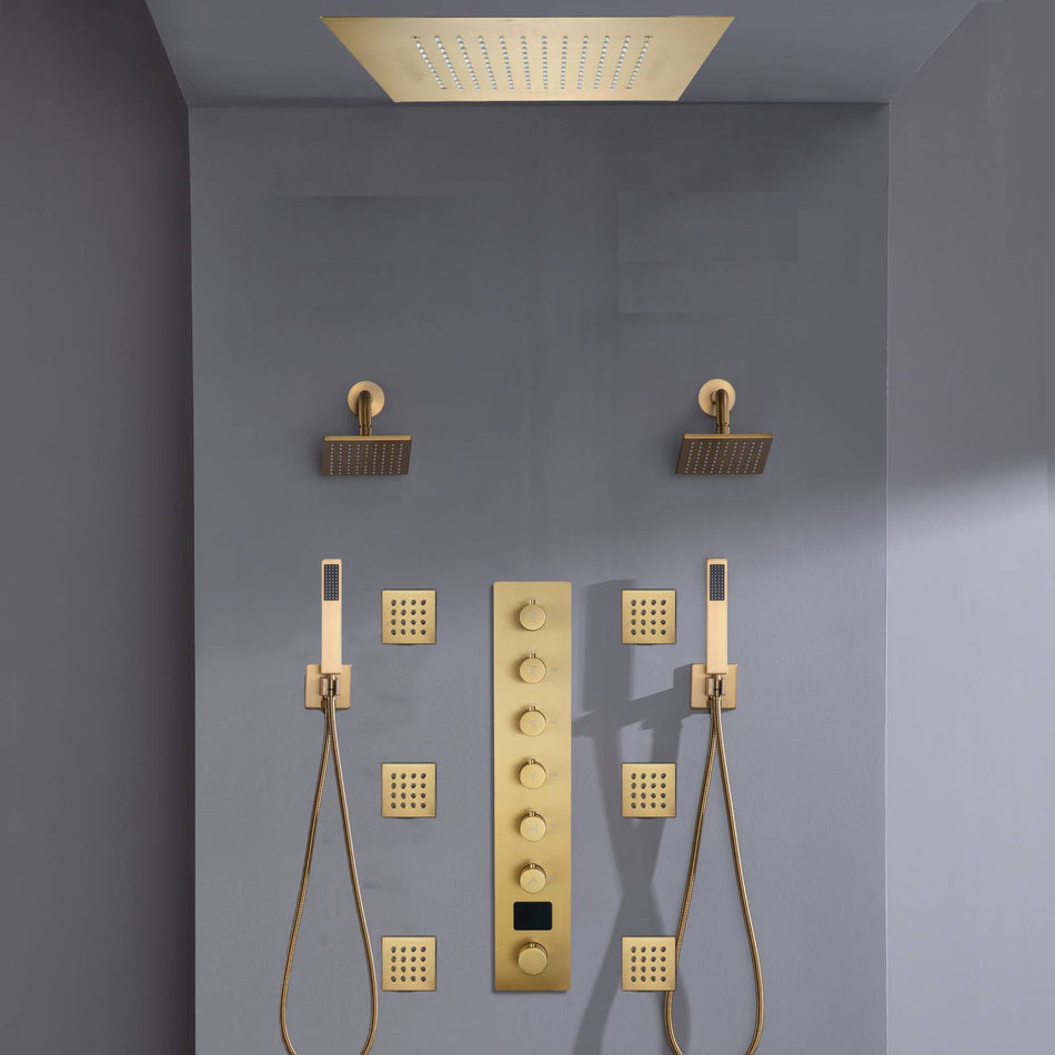 Flush mount 20 inch Rainfall shower head 6 way Digital display thermostatic Shower Faucet with Dual Regular Heads and Body Jets