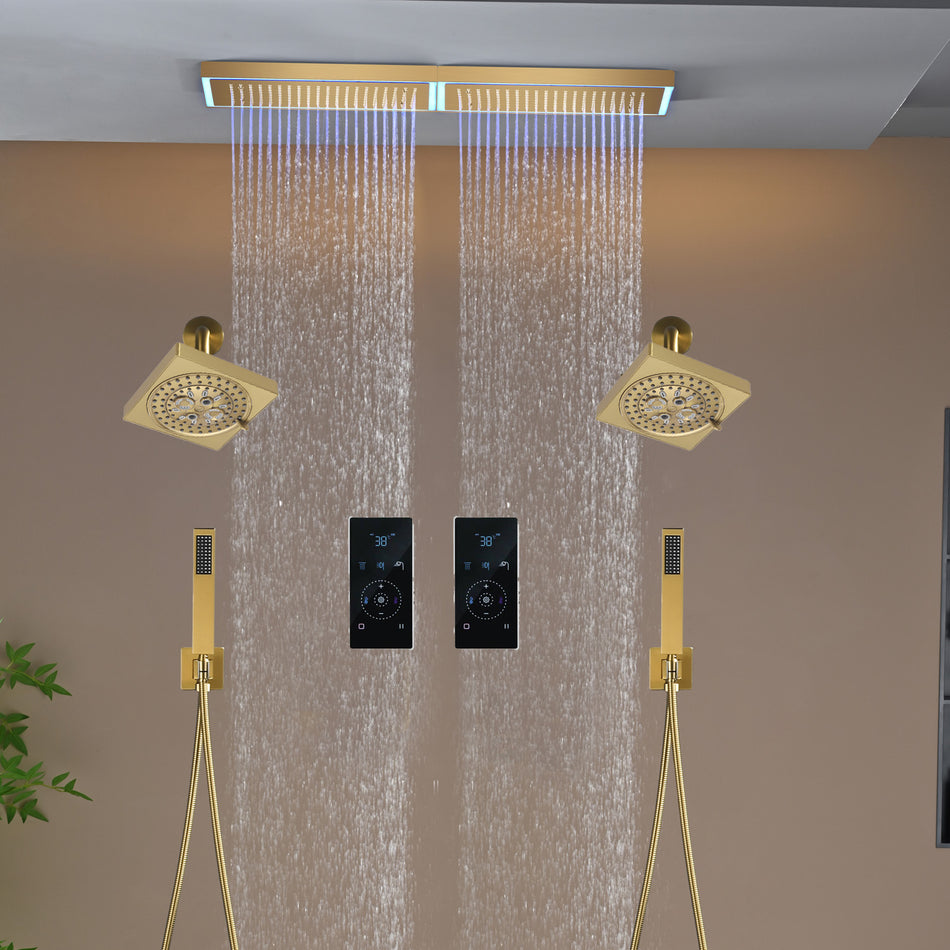 Flush Mount 32 x 8 inch Rainfall 64 LED Light Shower Head with 6-Way Digital Display Touch Panel Thermostatic Faucet and High-Pressure Dual Regular Heads
