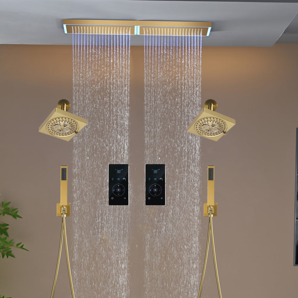 Flush Mount 32 x 8 inch Rainfall 64 LED Light Shower Head with 6-Way Digital Display Touch Panel Thermostatic Faucet and High-Pressure Dual Regular Heads
