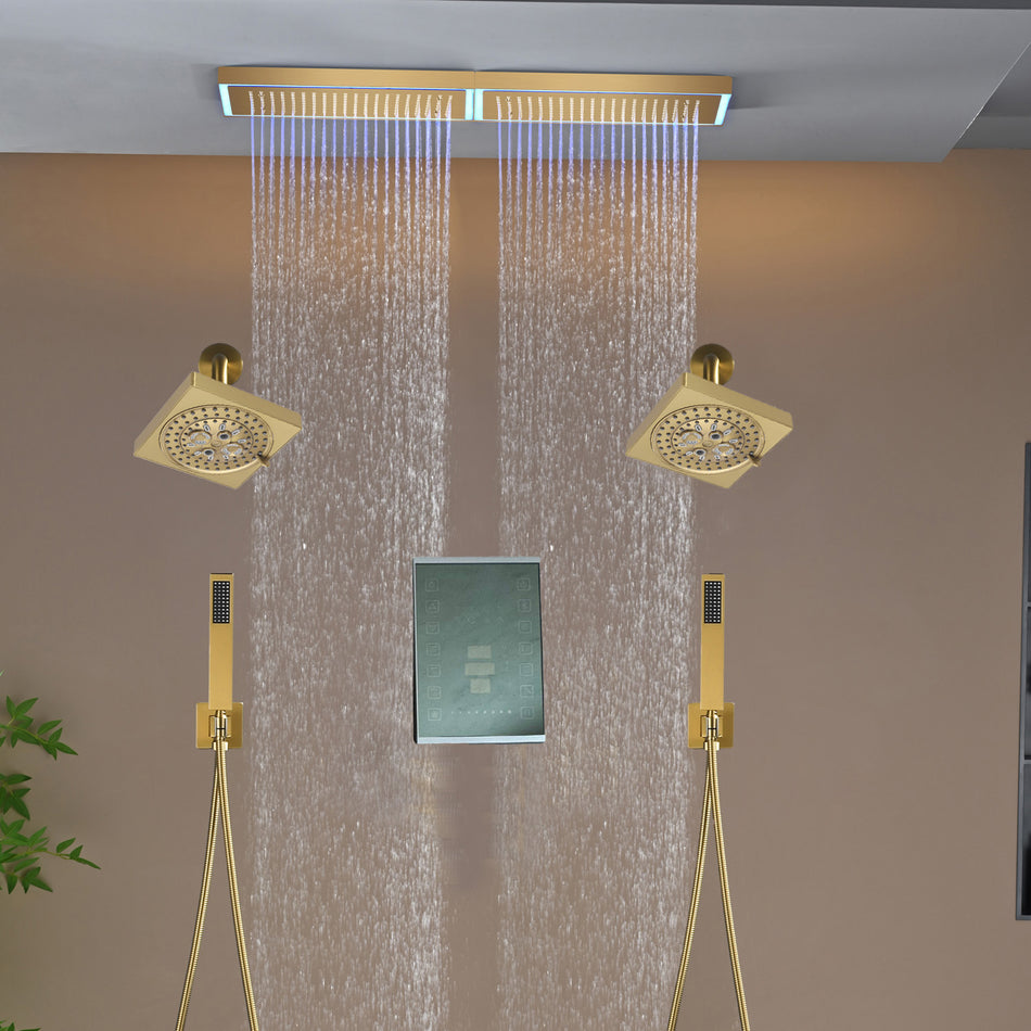 Flush Mount 32 x 8 inch Rainfall 64 LED Light Shower Head with 6-Way Digital display touch panel Thermostatic Faucet and High-Pressure Regular Heads