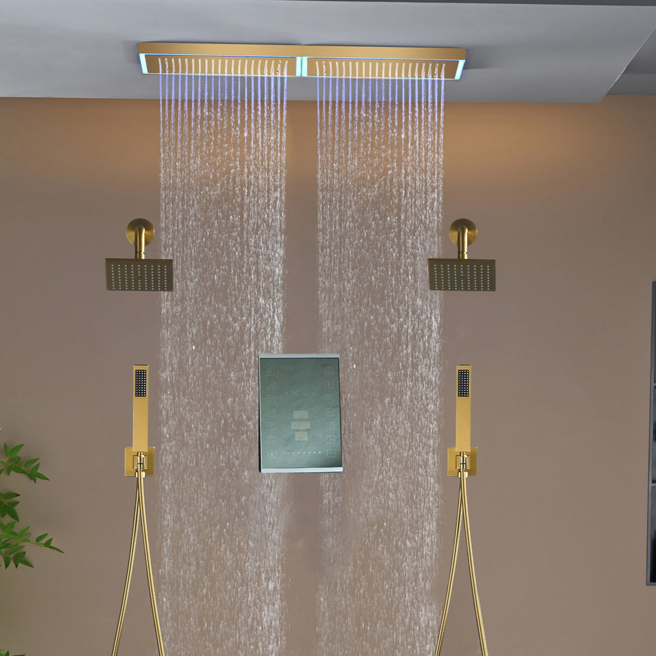 Flush Mount 32 x 8 inch Rainfall 64 LED Light Shower Head with 6-Way Digital display touch panel Thermostatic Faucet and High-Pressure Regular Heads