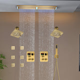 Flush Mount 32 x 8 inch Rainfall 64 LED Light Shower Head with 6-Way Thermostatic Faucet and High-Pressure Dual Regular Heads,6 body jets