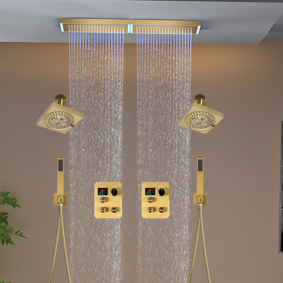 Flush Mount 32 x 8 inch Rainfall 64 LED Light Shower Head with 6-Way Thermostatic Faucet and High-Pressure Dual Regular Heads