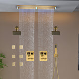 Flush Mount 32 x 8 inch Rainfall 64 LED Light Shower Head with 6-Way Thermostatic Faucet and High-Pressure Dual Regular Heads,6 body jets