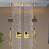 Flush Mount 32 x 8 inch Rainfall 64 LED Light Shower Head with 6-Way Thermostatic Faucet and High-Pressure Dual Regular Heads