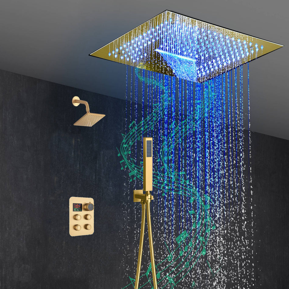16-Inch Brushed Gold or brushed nickel or matte black Flush Mount rainfall waterfall Shower Faucet Set: 4-Way Thermostatic Control, 64-Color LED Lights, Bluetooth Music, and Regular Head