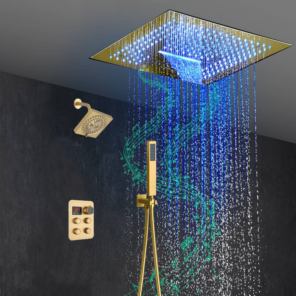 16-Inch Brushed Gold or brushed nickel or matte black Flush Mount rainfall waterfall Shower Faucet Set: 4-Way Thermostatic Control, 64-Color LED Lights, Bluetooth Music, and Regular Head