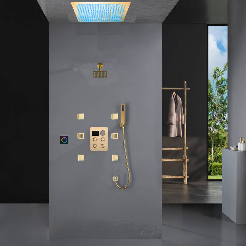 Flush Mount Shower Faucet Set with 4-Way Digital Thermostatic Control, 64-Color LED Lights