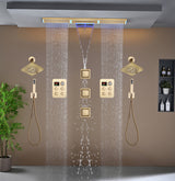 Flush Mount 48 x 8 inch Rainfall Waterfall 64 LED Light Shower Head with 8-Way Thermostatic Faucet and High-Pressure Wall Mount Regular Shower Head and 3 Body Jets