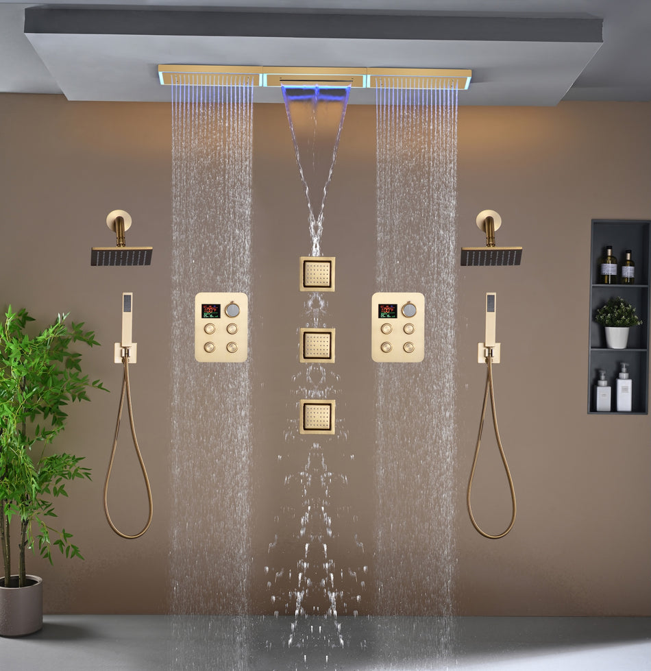 Flush Mount 48 x 8 inch Rainfall Waterfall 64 LED Light Shower Head with 8-Way Thermostatic Faucet and High-Pressure Wall Mount Regular Shower Head and 3 Body Jets